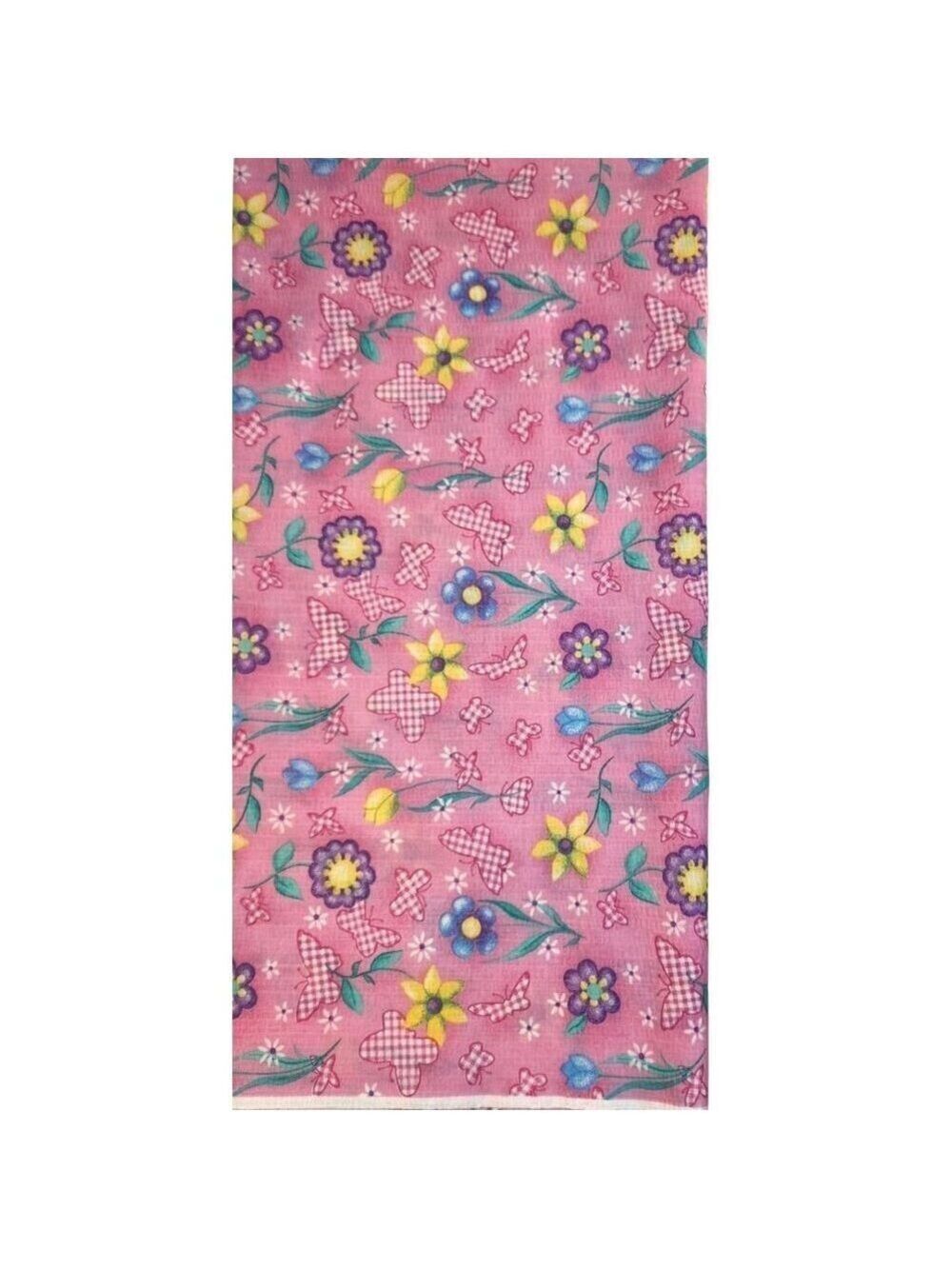 Pink Floral & Butterfly Gingham Cotton Fabric Lightweight Craft Material Sewing